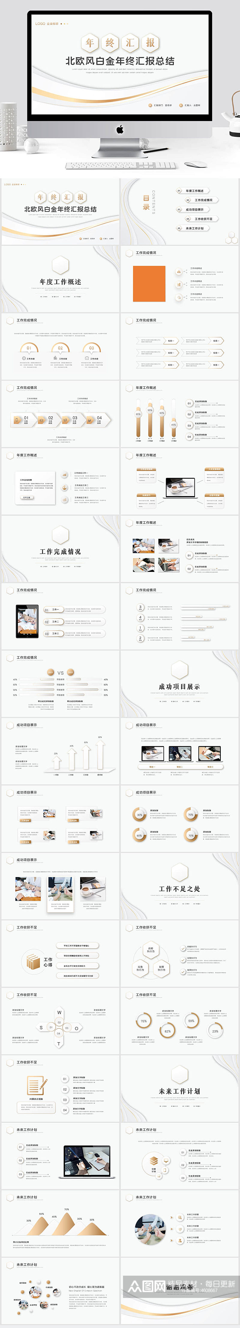 北欧风白金年终汇报年终总结计划ppt模板素材