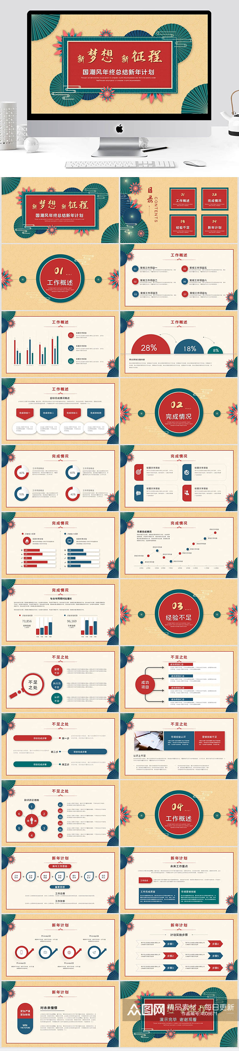 创意中国风国潮风年终总结新年计划工作总结素材