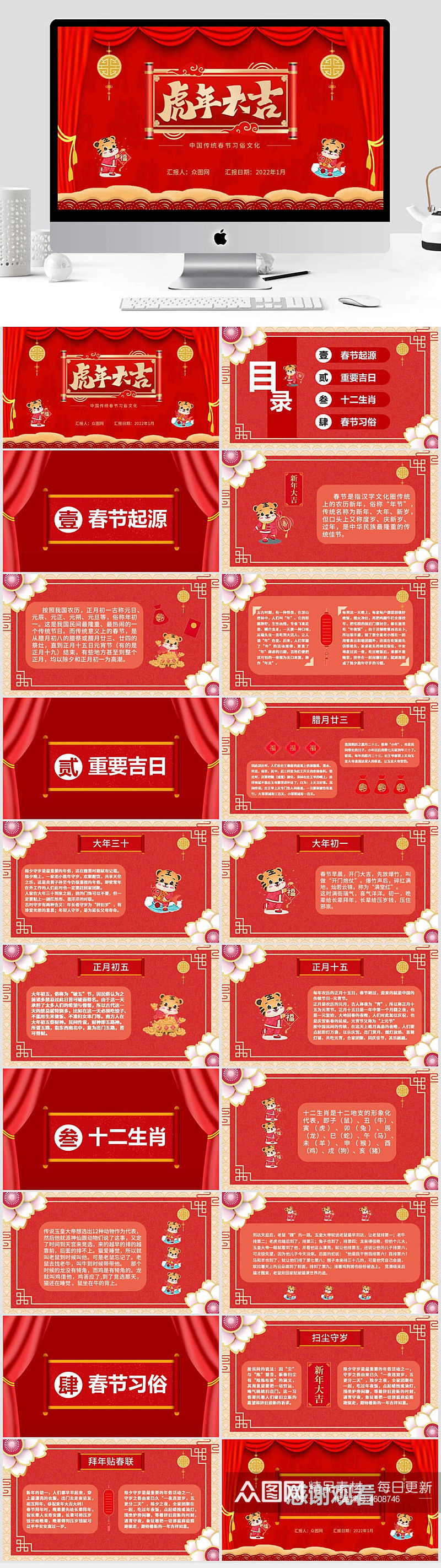 原创贺岁喜庆中国风春节习俗PPT模板素材