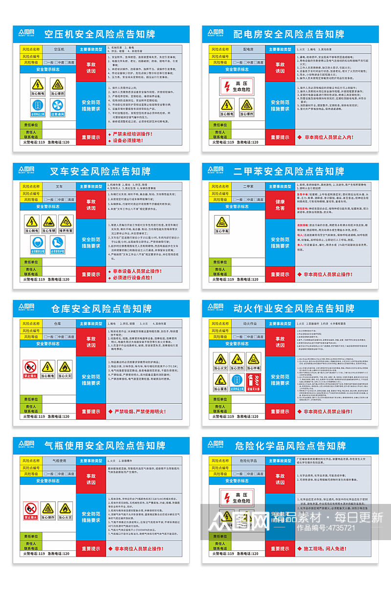 蓝色系空压机安全风险点告知牌素材