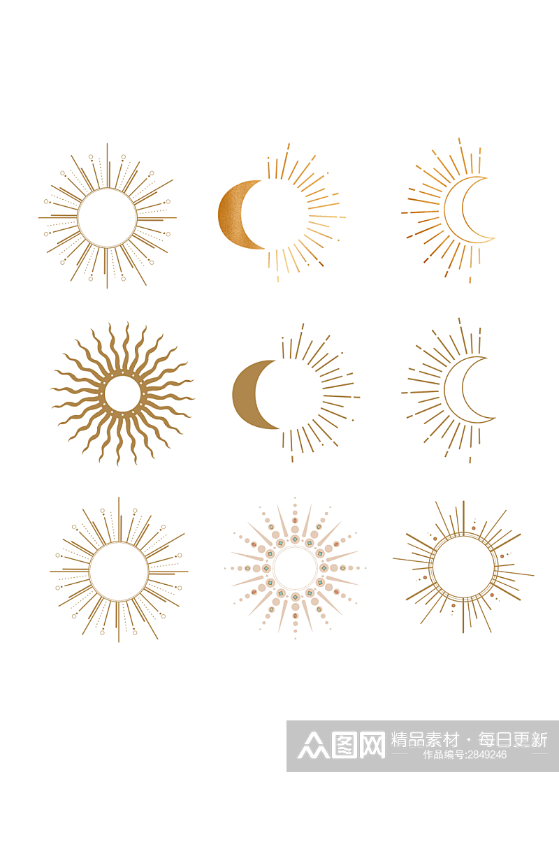 古希腊北欧手绘神秘太阳月亮PNG图案素材
