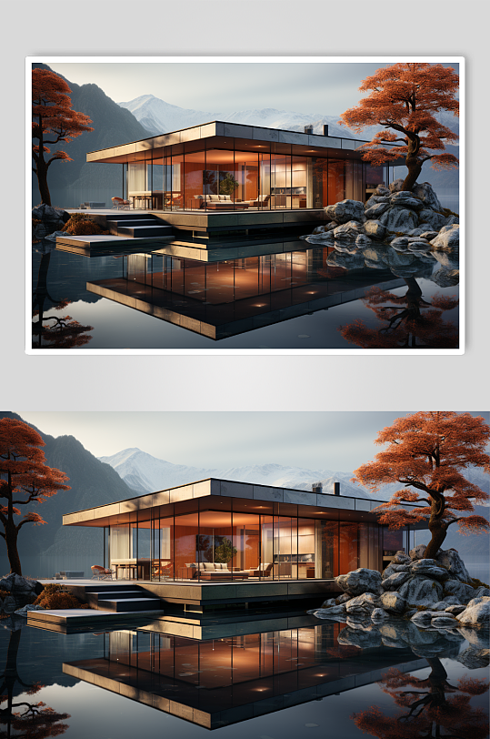 数字艺术中国风江南湖景民宿酒店建筑图片