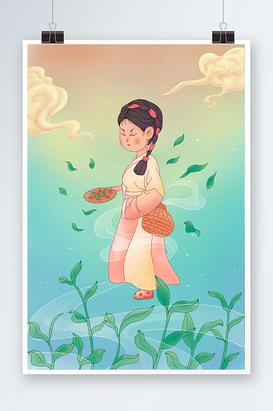 背篓采茶茶叶人物插画立即下载卡通春天采茶茶叶人物插画采茶茶叶女孩