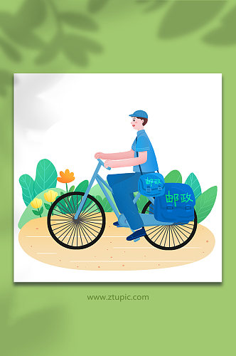 扁平化风格骑车送信的邮差邮递员人物插画