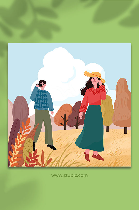 扁平化风格秋天户外郊游秋季人物插画