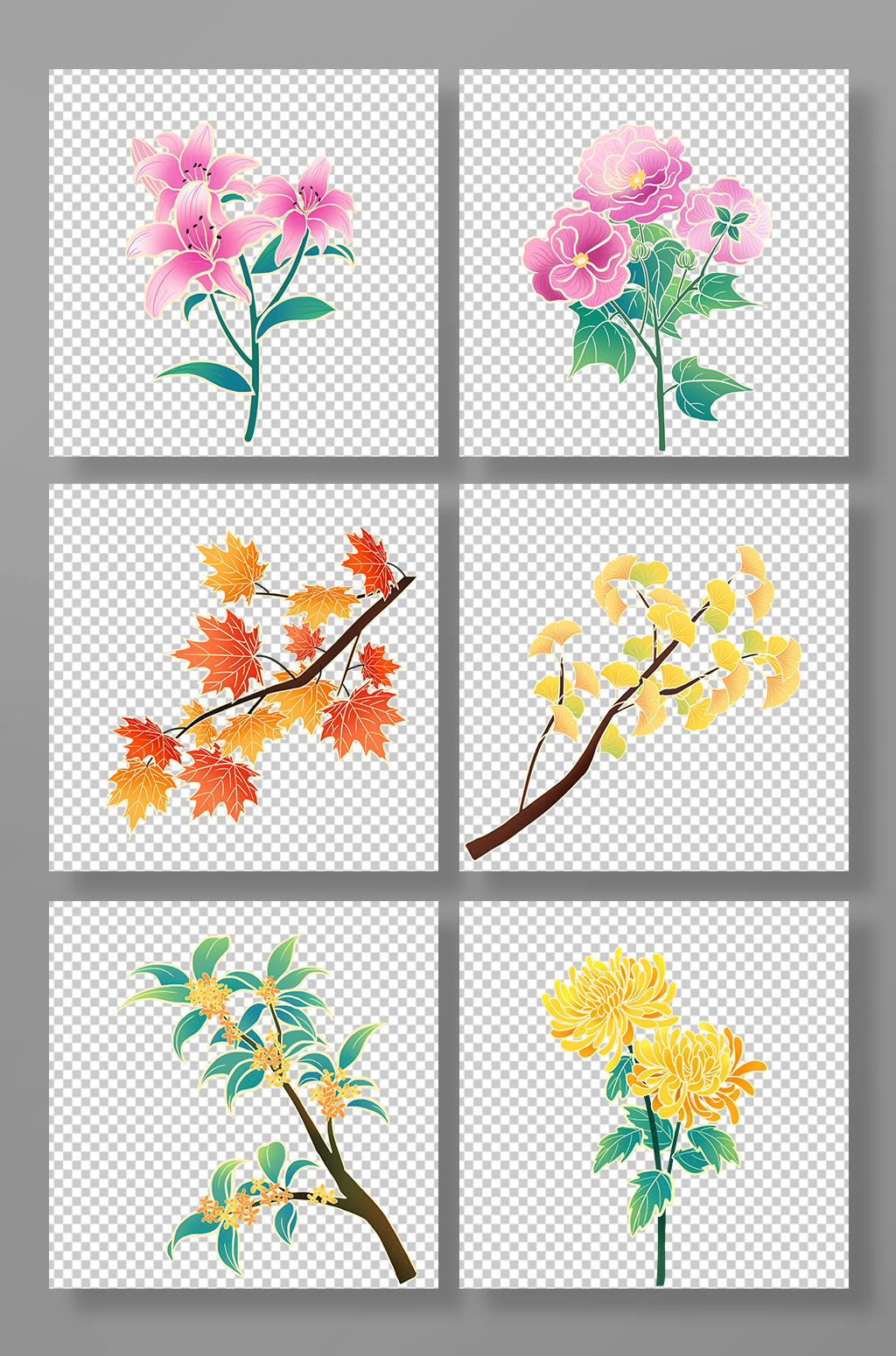 國(guó)潮PNG金線描邊秋天植物花卉元素插畫素材