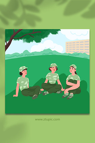 草坪休息的女孩新生军训人物插画