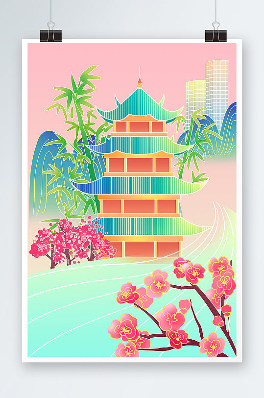 望江楼公园成都城市地标建筑插画-众图网