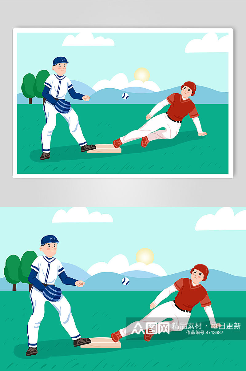 帅气滑垒棒球运动人物插画素材