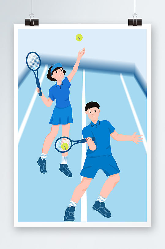 男女混双网球运动人物插画