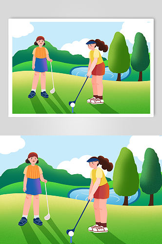 扁平肌理休闲活动高尔夫运动人物插画