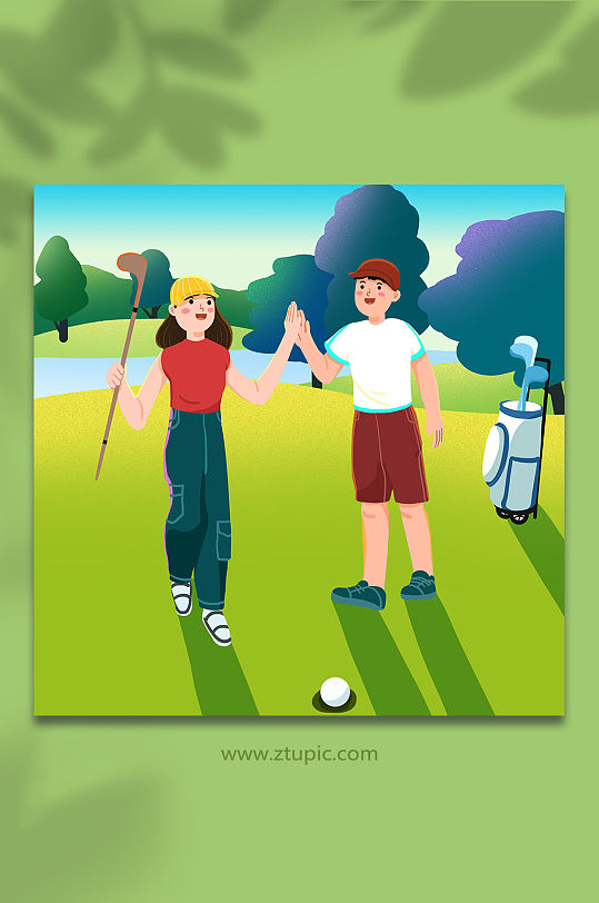 扁平化庆祝进球高尔夫运动人物插画