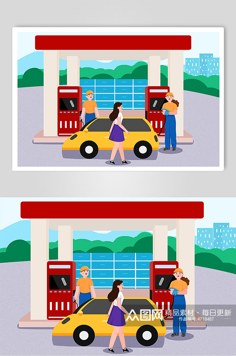 加油站加油汽车加油站场景人物插画素材