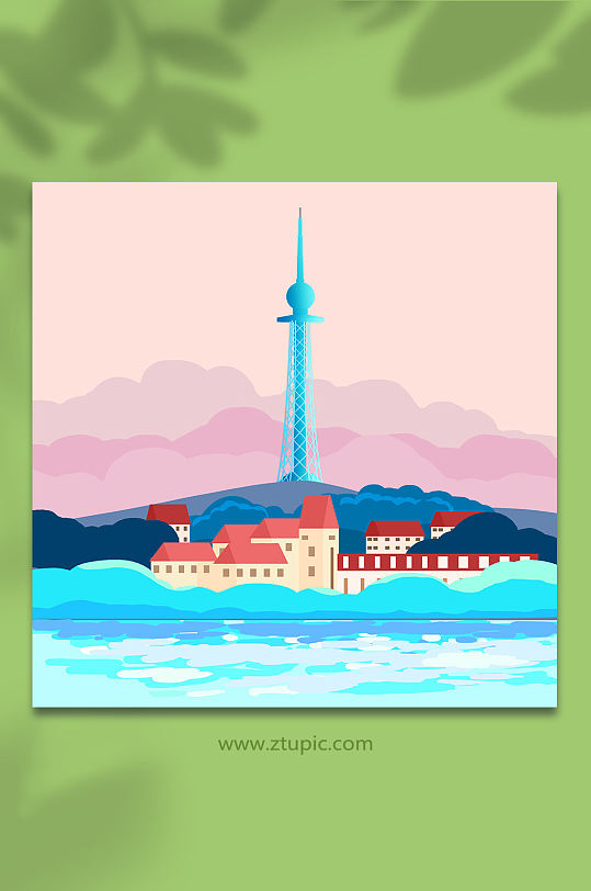 青岛电视塔青岛城市地标建筑插画
