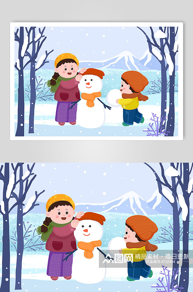 扁平化堆雪人小雪节气人物插画素材