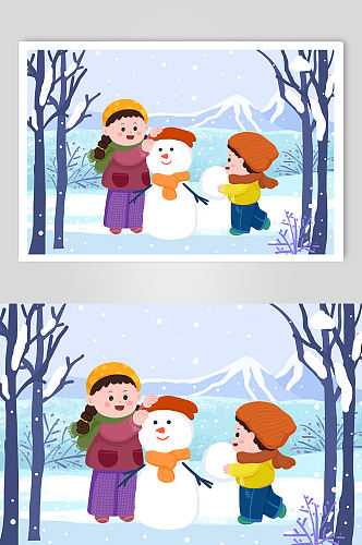 扁平化堆雪人小雪节气人物插画