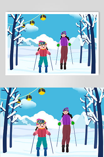 扁平化亲子滑雪冬季滑雪人物插画