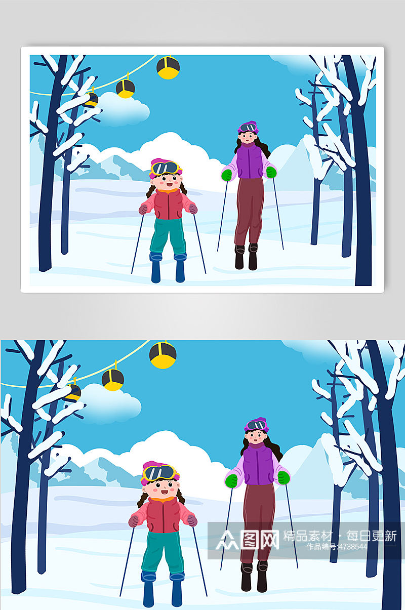 扁平化亲子滑雪冬季滑雪人物插画素材
