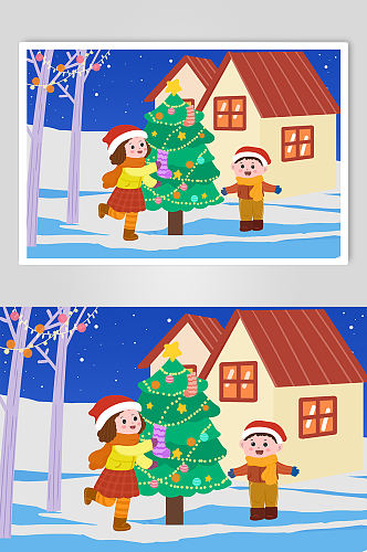 扁平化装扮圣诞树圣诞节人物插画