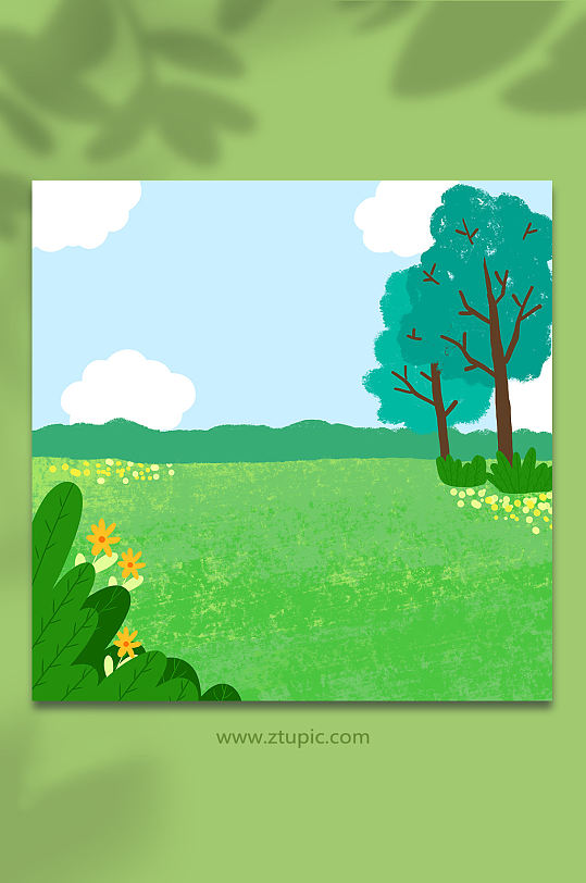 扁平蓝天草坪植物插画背景图