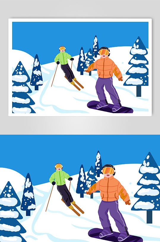 好朋友周末滑雪扁平化冬季滑雪人物插画