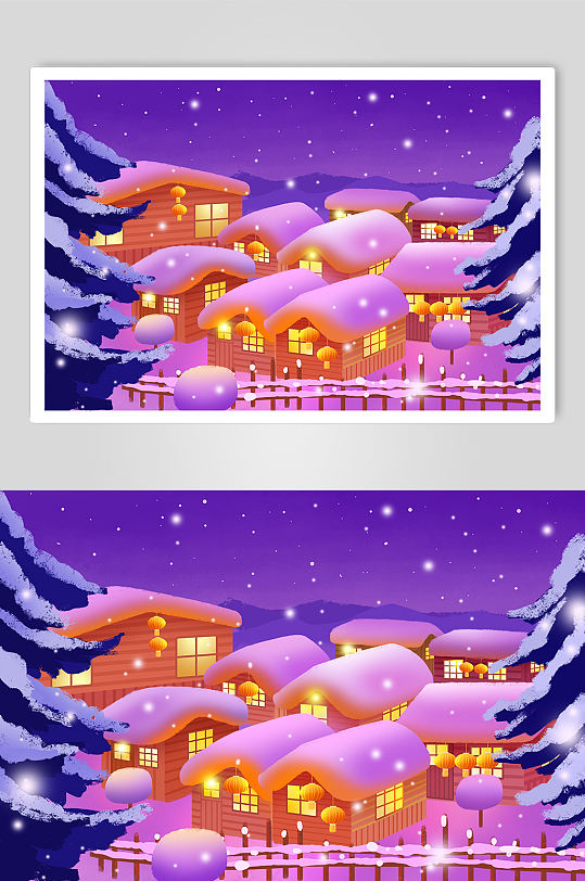 东北雪乡夜景城市雪景插画-众图网