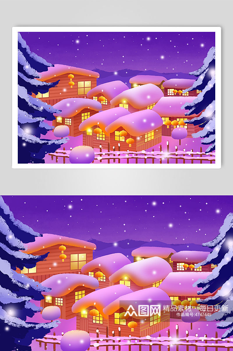东北雪乡夜景城市雪景插画素材