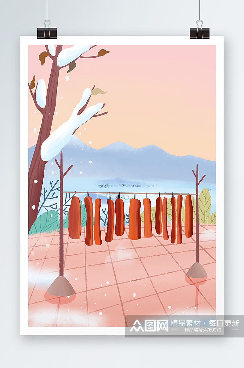 冬季腊肉大雪节气插画背景图素材