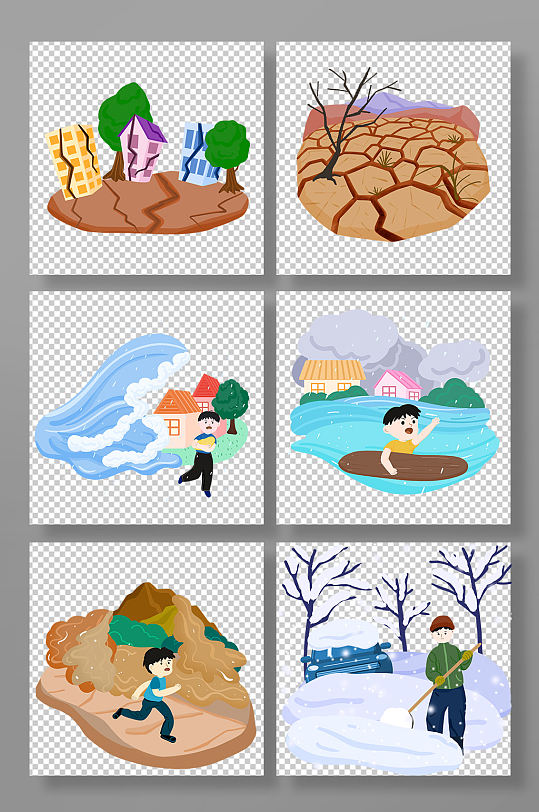 扁平化地震海啸自然灾害元素插画-众图网