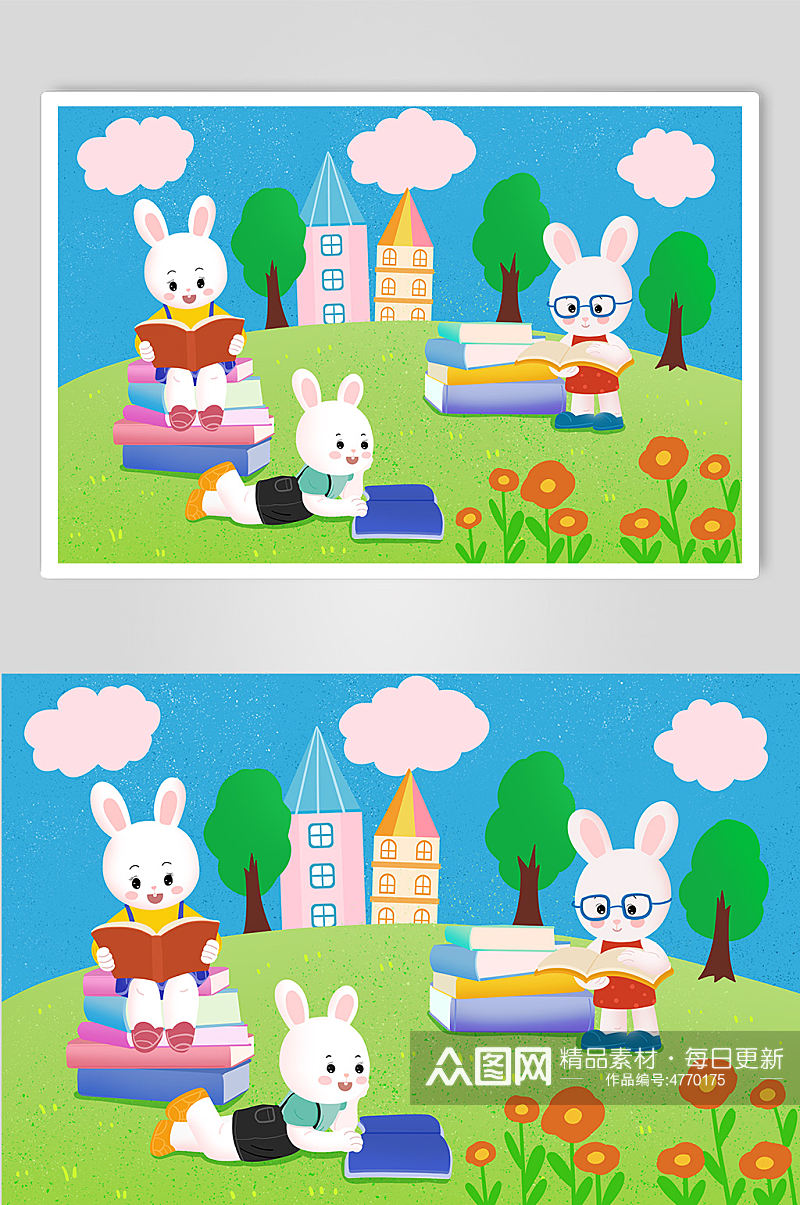 扁平化兔年可爱校园兔子学习人物插画素材