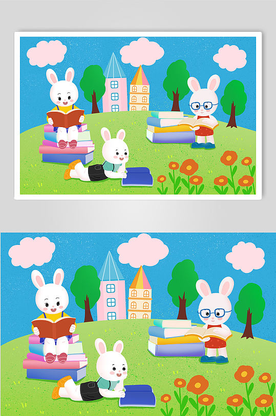 扁平化兔年可爱校园兔子学习人物插画
