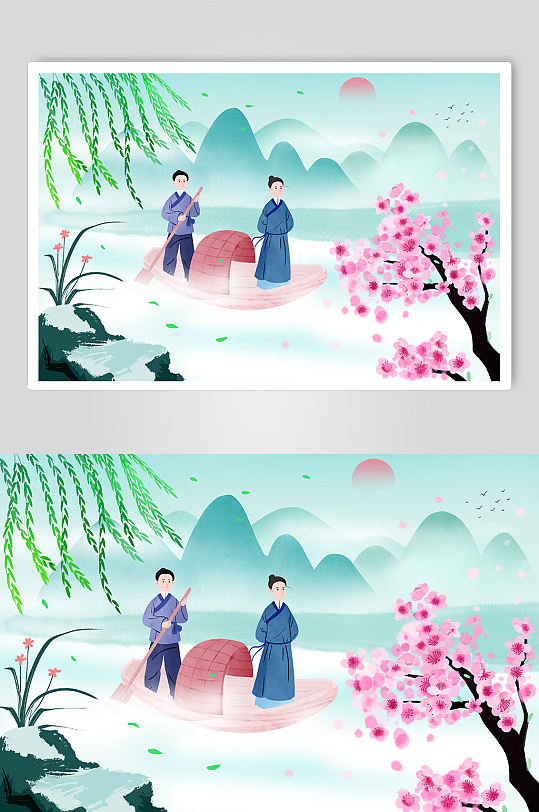 泛舟春游中国风水墨画春季风景插画