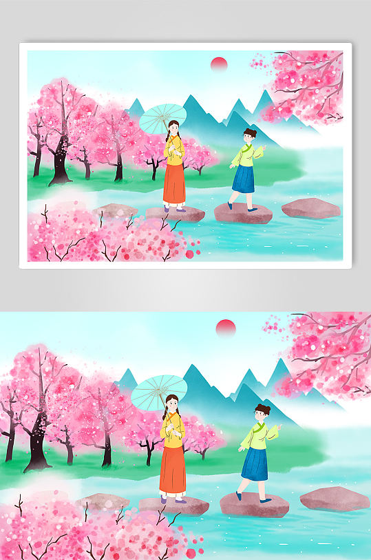 赏春游春中国风水墨画春季风景插画-众图网