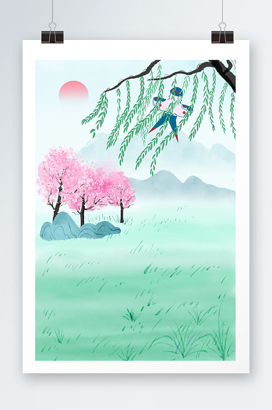 中国风水墨画春季风景插画背景图