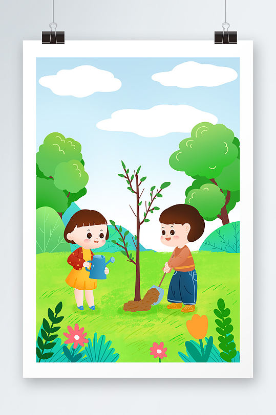 儿童种植小树苗植树节人物插画