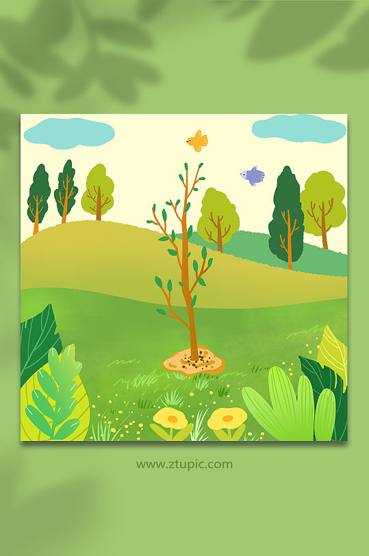 植树造林植树节插画背景图