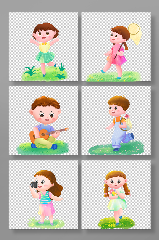 小孩儿春季春游踏青人物元素插画-众图网