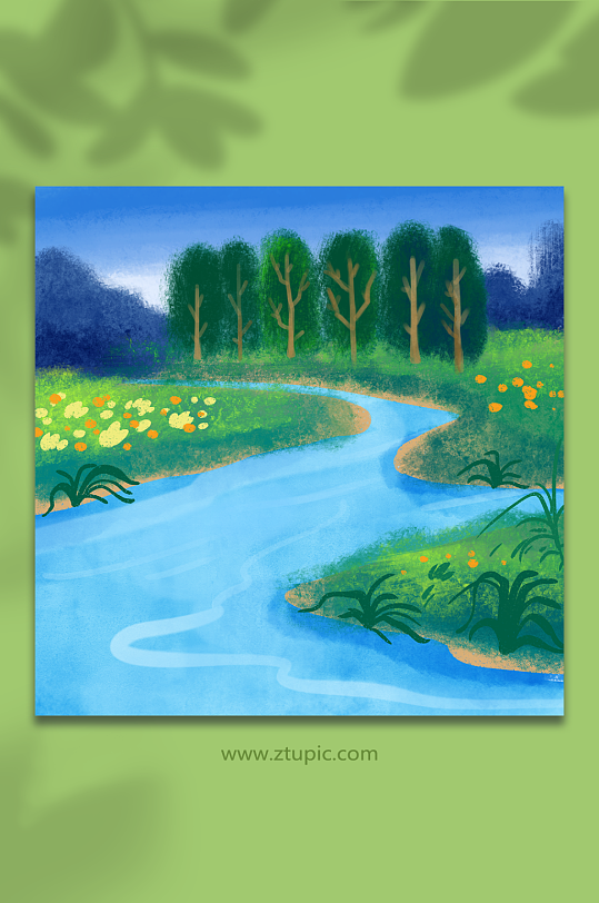 江河森林湿地保护元素插画背景图