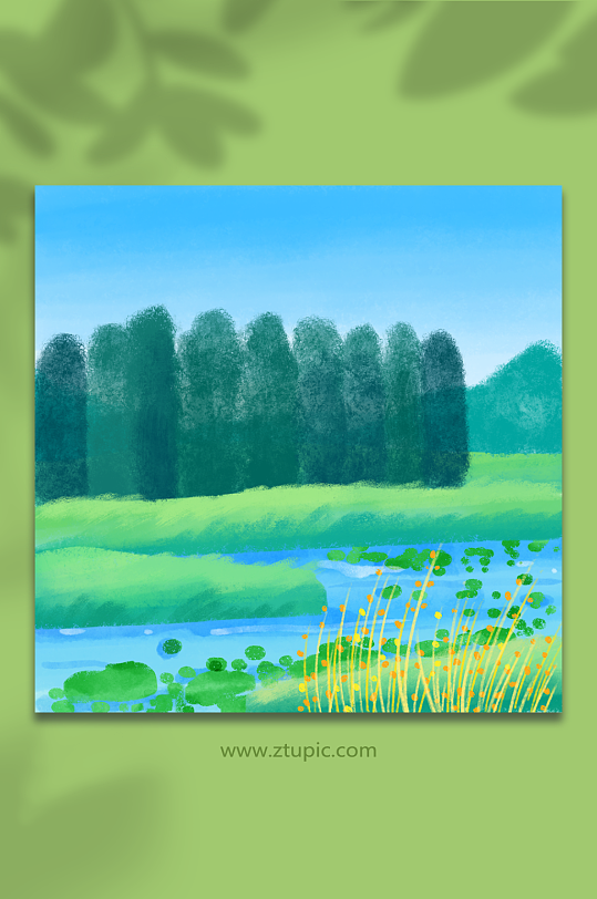 蓝天绿地湿地保护元素插画背景图