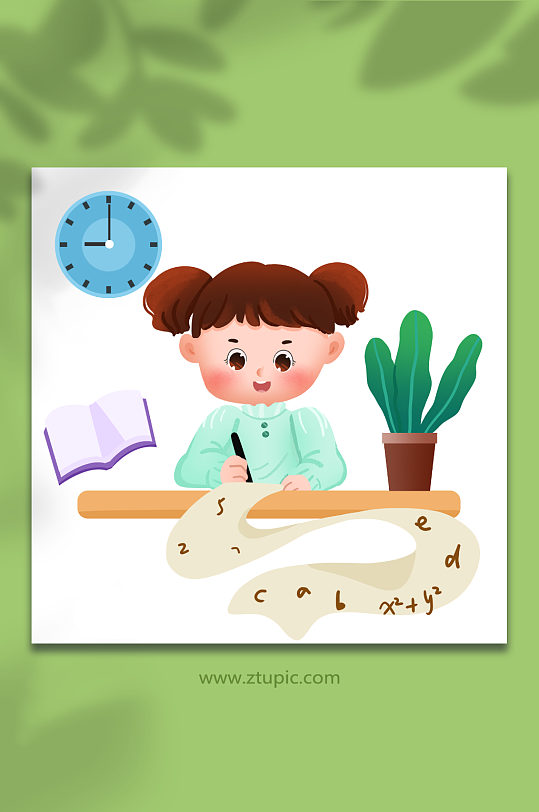 女孩做作业考试学习复习辅导场景元素插画