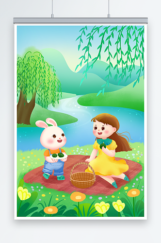 春天春季女孩和兔子清明节人物插画