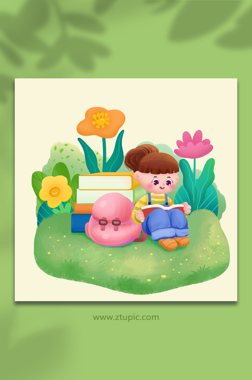 花朵儿童读书阅读图书人物插画素材