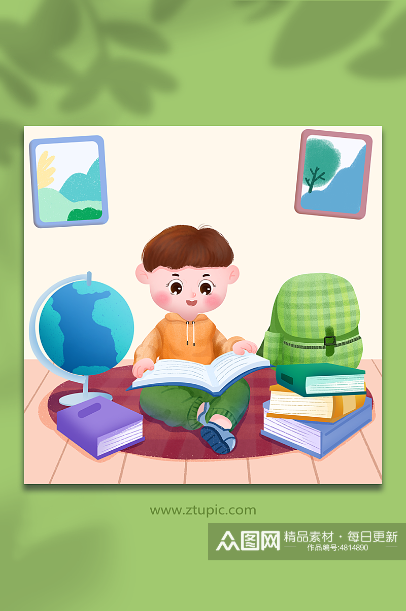 室内儿童读书阅读人物插画素材