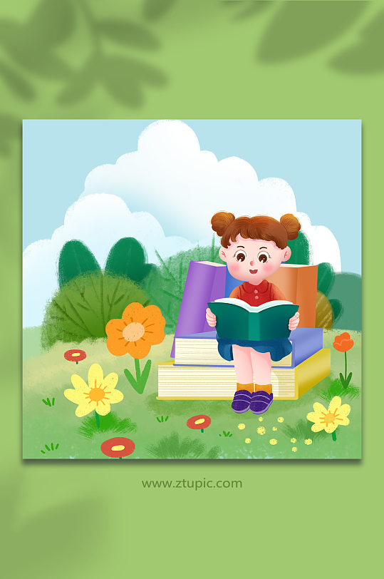 小女孩儿童阅读读书图书人物插画