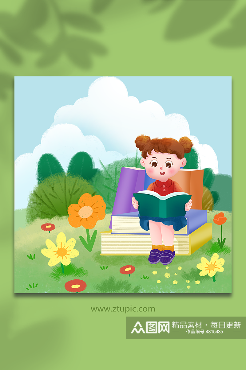 小女孩儿童阅读读书图书人物插画素材