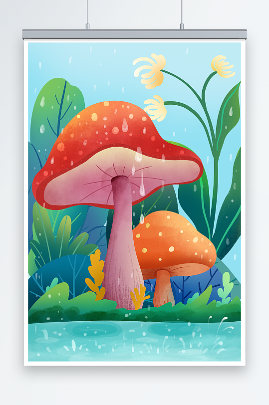 蘑菇谷雨节气人物插画背景图