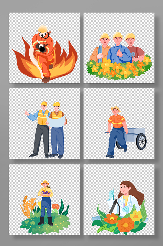 消防员工人农民五一劳动节各职业元素插画-众图网