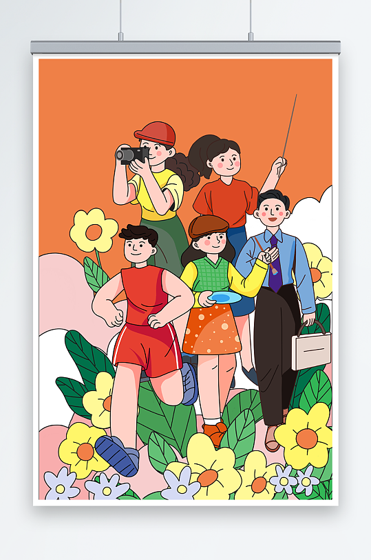 橘色描边涂鸦风劳动节人物插画-众图网