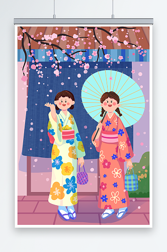 日本旅游和服女孩人物插画