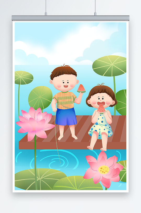 荷花荷叶立夏节气人物插画-众图网